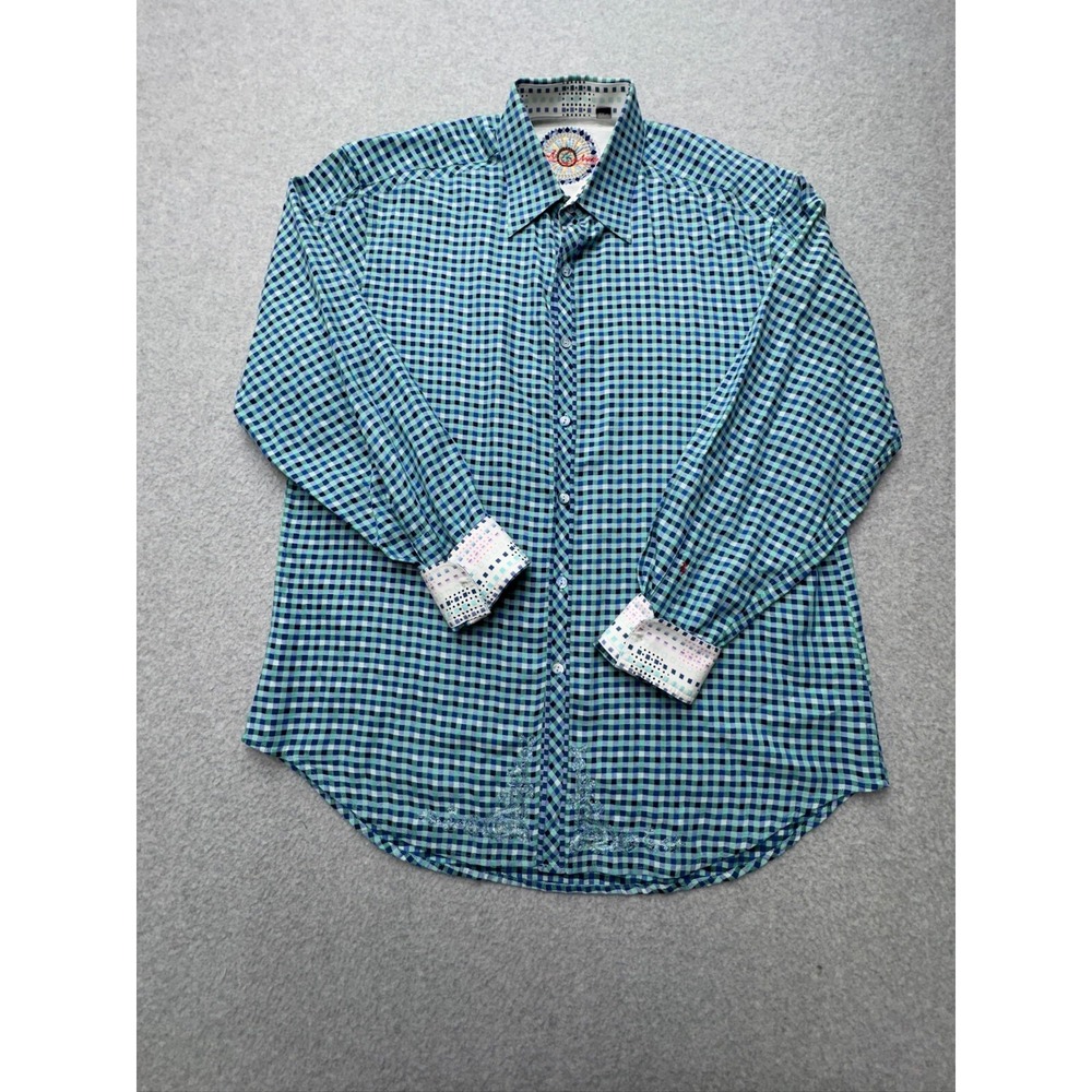 Robert Graham Shirt Mens Large Blue Check Embroidered Flip Cuff Luxury Preppy